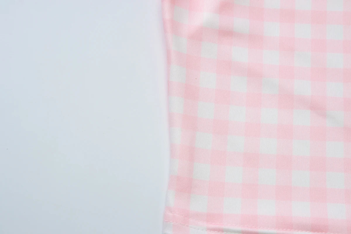 Square Collar Short Sleeve Bodycon Plaid Print T-Shirt