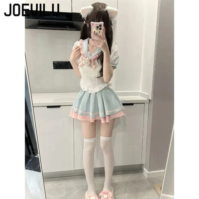 Y2k Sweet Style Skirt Set Bow Tie Peter Pan Collar Top High-Waist Puffy Skirt 2 Piece Set Summer Preppy JK Sailor Uniform Outfit