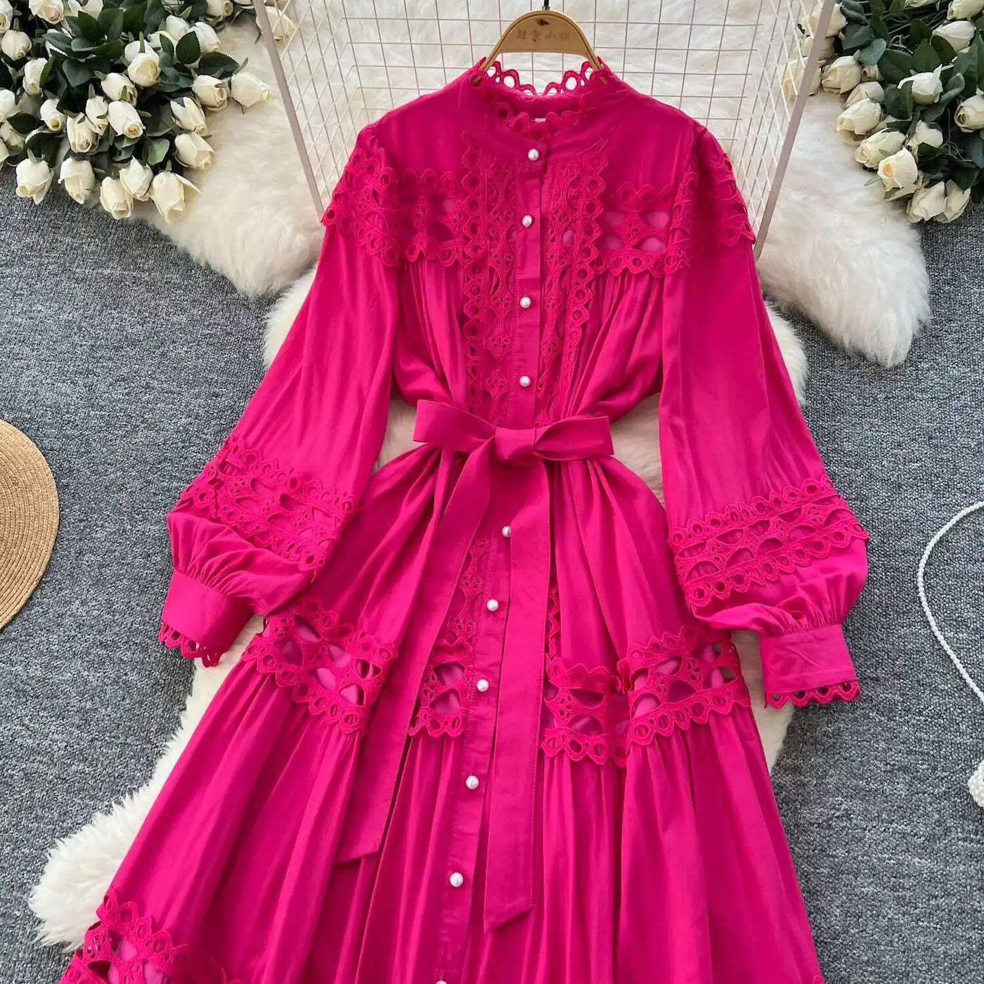 Elegant Long Maxi Hollow Out Dress Shirt Women Summer Autumn Palace Retro Pearl Button Embroidery Crochet Evening Party Vestidos