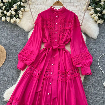 Elegant Long Maxi Hollow Out Dress Shirt Women Summer Autumn Palace Retro Pearl Button Embroidery Crochet Evening Party Vestidos