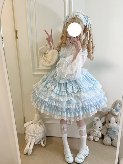 Original Lolita Dress Set Doll Feeling Girl Women's Sweet Jsk Suspender Dress Princess Fairy Lace Bow Sling Cake Dresses