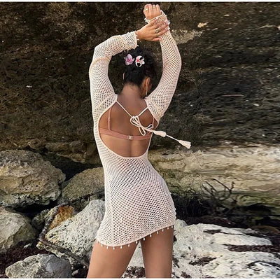 Sexy Knitted Hollow Out Pearl Mini Dress Women Elegant Knitted Backless Lace Up Beach Dresses Lady Spring Chic Party Holiday