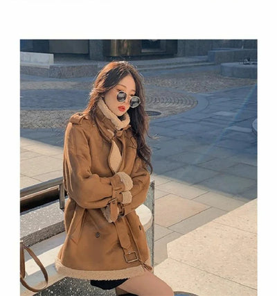 2024 Autumn Winter New Medium Long Double-breasted Lambswool Suede Woolen Coat Women Add Velvet Padded Warm Fur One Woolen Coats