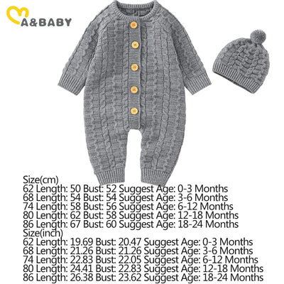 Ma&Baby 0-18M Warm Baby Clothing Knit Romper Newborn Infant Toddler Boy Girl Long Sleeve Jumpsuit + Hat Fall Spring Outfits