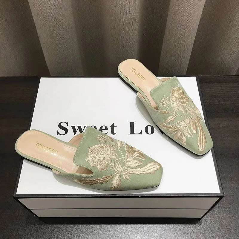 Women's Mules Slippers Summer Footwear Flats Retro Chinese Style Flowers Elegant Dress Low Heel Sandals Designer Slides on sales