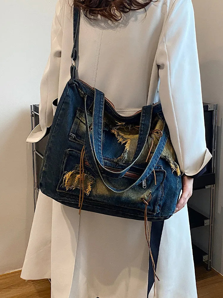 Denim Y2k Womens Shoulder Bag Vintage Washed Distressed Fashion female Messenger Bag Large Capacity ladies Handbag Sac totes