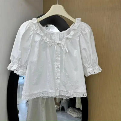 Preppy Style Sweet Short Sleeve Slim Fit Crop Tops Japanese Ruched Shirts Women Y2k Chemises Summer Bandage Bow White Camisa