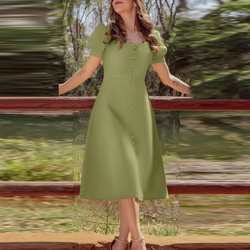 2025 ZANZEA Holiday Vestidos Women Summer Dress Fashion Elegant Square Neck Puff Sleeve Work Midi Dresses Stylish Party Sundress