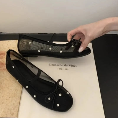 Fashion Women's Shoes 2025 Design Rhinestone Mesh Breathable Shallow Mouth Single Shoes Flat Ballet Elegant Bow Zapatos Mujer