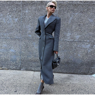 Woolen Burgundy Long Blazer Coat Women Single Breasted Notched Loose Long Sleeve Shoulder Pads Thicken Suit Jacket Female Office