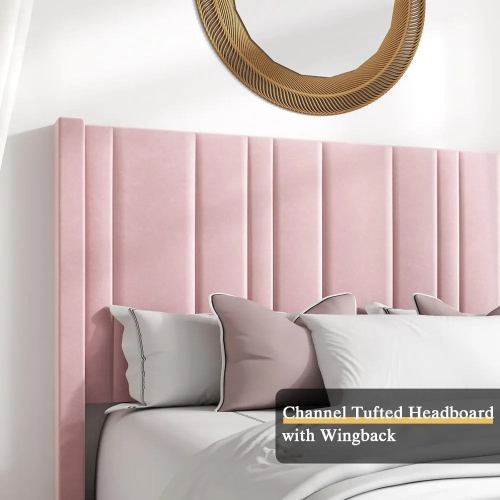 Queen Bed Frame Pink Upholstered Bed with Vertical Channel Tufted Headboard & 22" Footboard, Noise Free/Wooden Slats/Nois