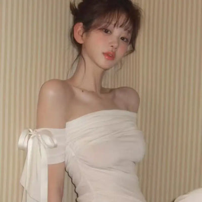 2025 New Sexy Off Shoulder Tops Women Ruffle Sleeve Asymmetric Slim Fit Short Sleeve T-Shirt Y2K Summer Fashion Elegant Clothes