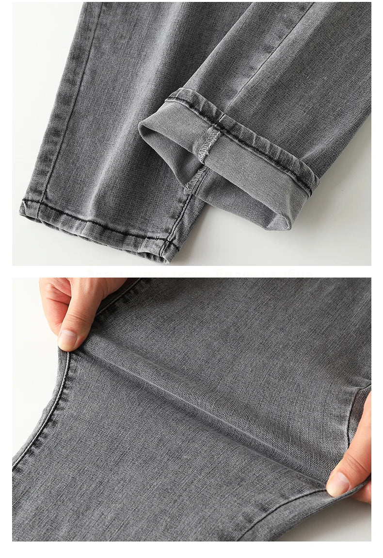 Plus Size Gray Jeans for Women Stretchy High Waist Mom Jeans Harem Full Length Washing Denim Jeans Curvy Fitting 100 Kgs Jeans