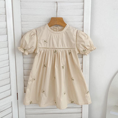 1-6Yrs Summer Girls Dress Embroider Lace Collar Kids Girls Dress Pure Cotton Thin Short Sleeved Children Girls Princess Dress ﻿