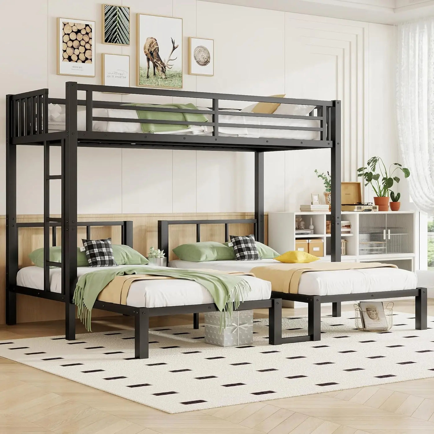 Triple Bunk Bed with LED Lights,Metal Bunk Beds Convertible to 3 Beds with Charging Station,Heavy Duty Bunk Bed Frame