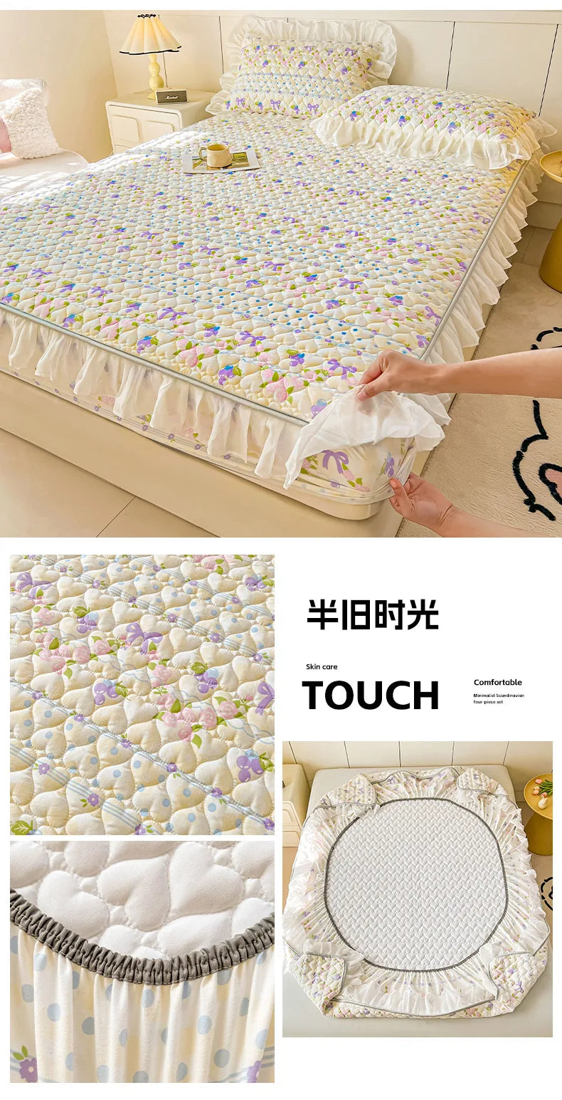 2025 New Single Bed Hat Korean Lace Bed Sheet Cover Chiffon Princess Wind Ins Cotton Four Seasons Bedspread Protective Cover