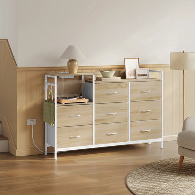 Chest of Drawers with 8 Fabric Drawer Sideboard Storage Cabinet for Kitchen Office with Charging Sockets Steel Frame 132x88x30cm