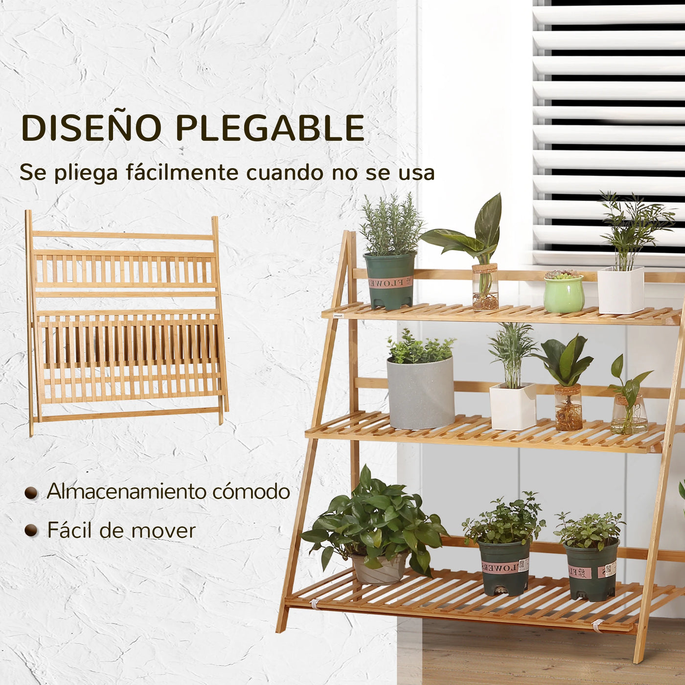 3-Tier Folding Bamboo Plant Shelf 100X39X97 cm