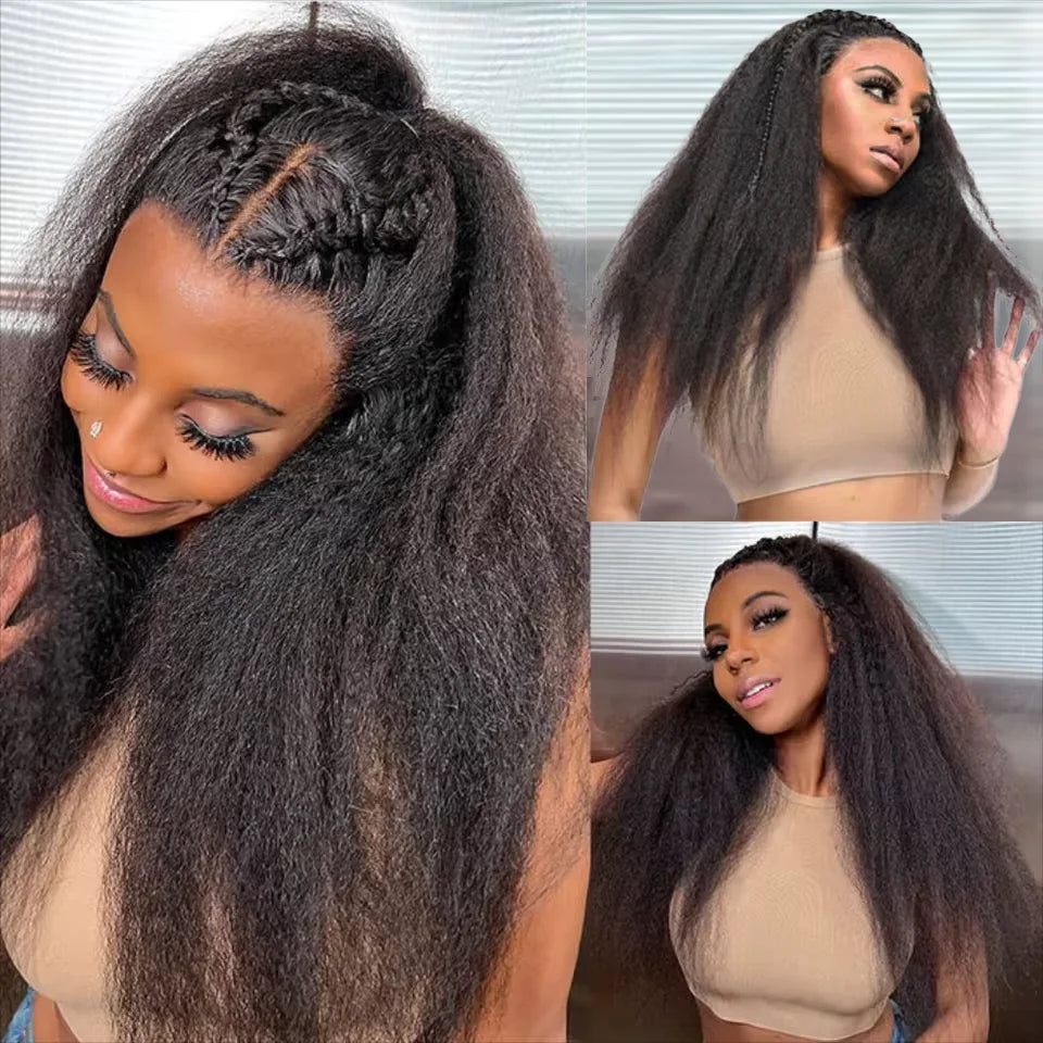 Kinky Straight 3 In 1 Half Wigs 100% Human Hair Brazilian Glueless Seamless Flip Over Yaki Straight V Part Wig Beginner Friendly