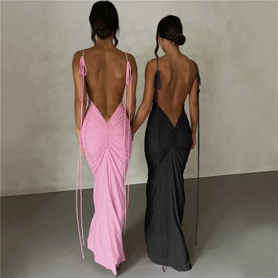 Summer sexy pleated solid color strap with perspective high slit backless sleeveless long skirt