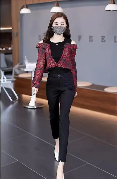Fake Two Pieces Chiffon Silk Blouse for Women Off Shoulder Top Cool Blue Stripe Cotton Satin Shirt Woman Particular Trends Youth