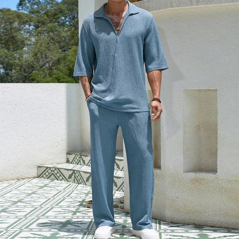 2024 Spring Summer Casual Cotton Shirts And Pants Suits Men Vintage Half Sleeve Irregular Cardigan Two Piece Sets Mens Outfits