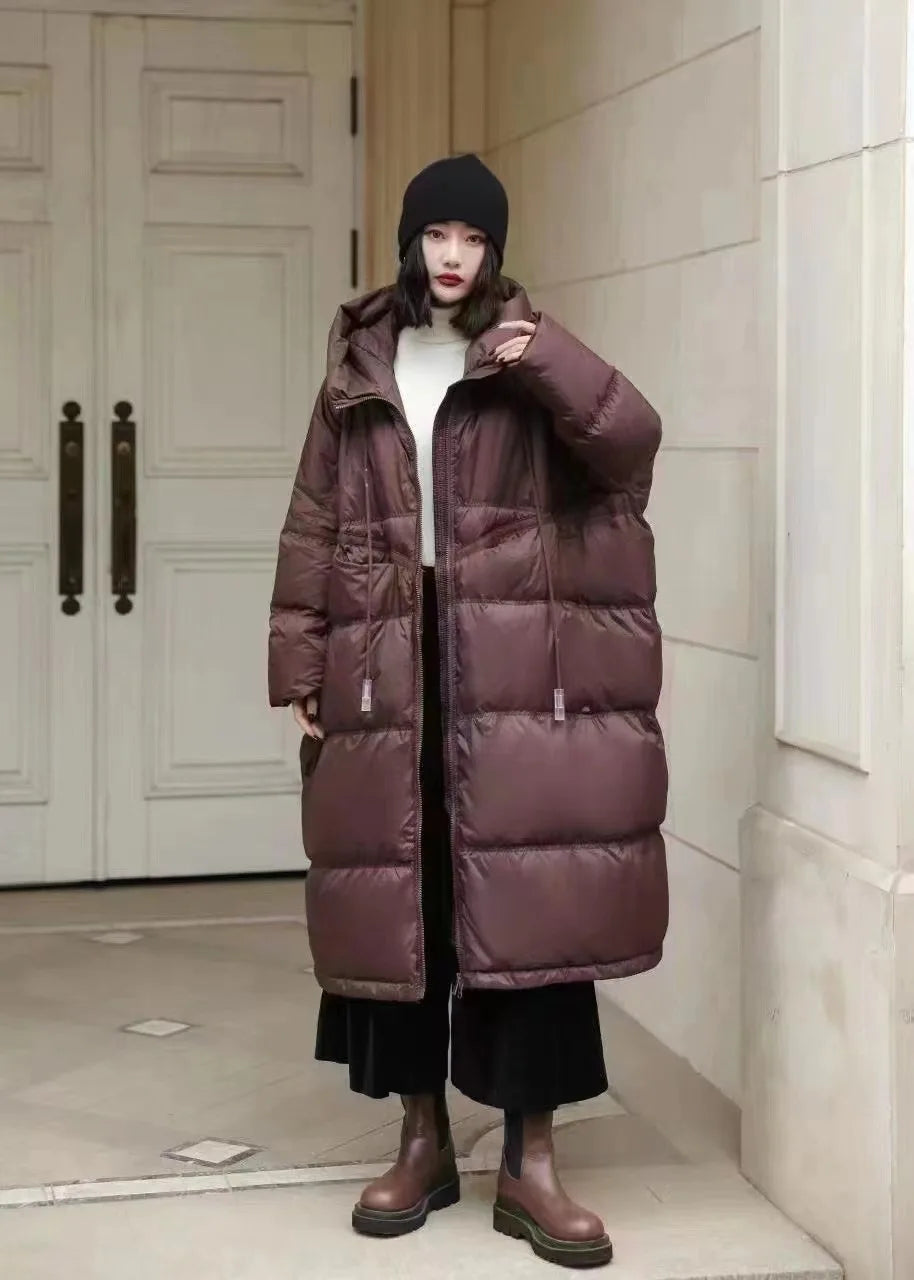 Winter Hooded Drawstring Loose Puffer Jacket Women Solid Oversize Casual Silhouette Long White Duck Down Warm Coat 2024 New Coat
