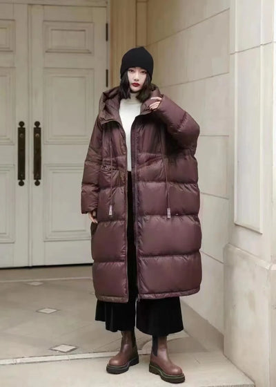 Winter Hooded Drawstring Loose Puffer Jacket Women Solid Oversize Casual Silhouette Long White Duck Down Warm Coat 2024 New Coat