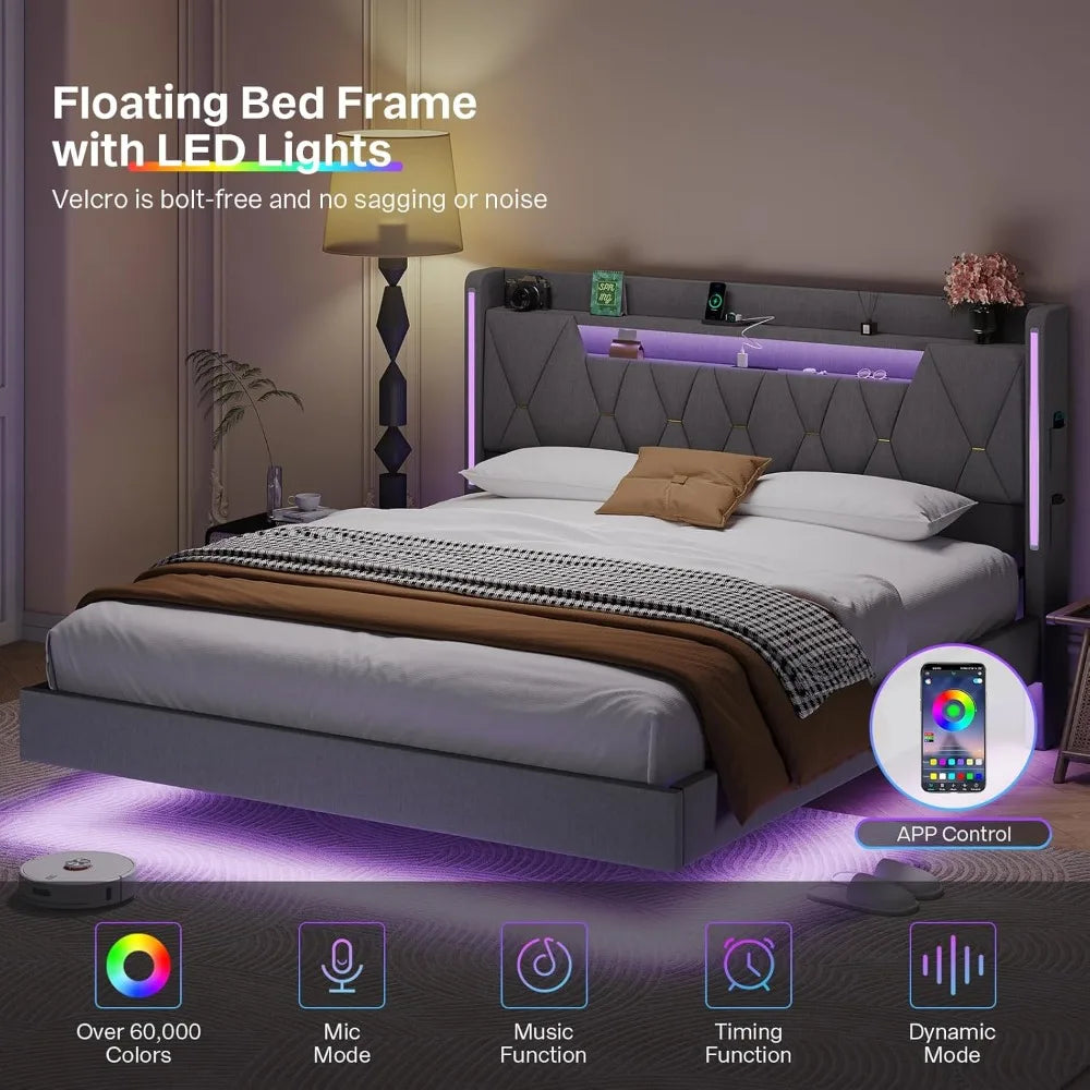 Floating Bed Frame,King Bed Frame with Hidden Storage, King Platform Bed Frame with Headboard,4 Pockets,LED Lights and Charging