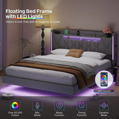 Floating Bed Frame,King Bed Frame with Hidden Storage, King Platform Bed Frame with Headboard,4 Pockets,LED Lights and Charging