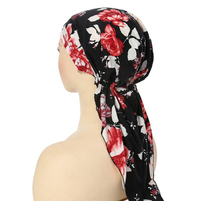 2024 New Women Pre-Tied Turban Cap Muslim Hijab Cancer Chemo Flower Print Hat Cover Hair Loss Head Scarf Wrap Strech Bandana