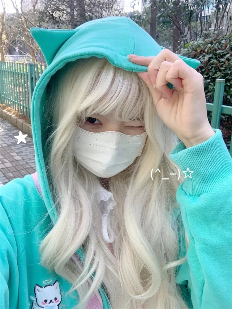 2025 Harajuku Cat Ear Kawaii Zip Up Hoodies Women Japanese Style Cute Hooded Jacket Oversized Sweet Lolita Girly Sweatshirts