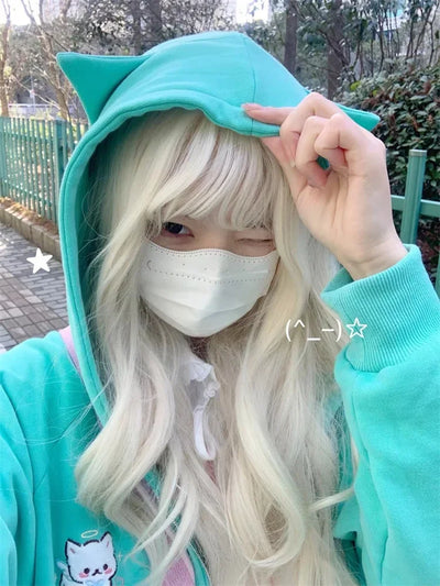2025 Harajuku Cat Ear Kawaii Zip Up Hoodies Women Japanese Style Cute Hooded Jacket Oversized Sweet Lolita Girly Sweatshirts