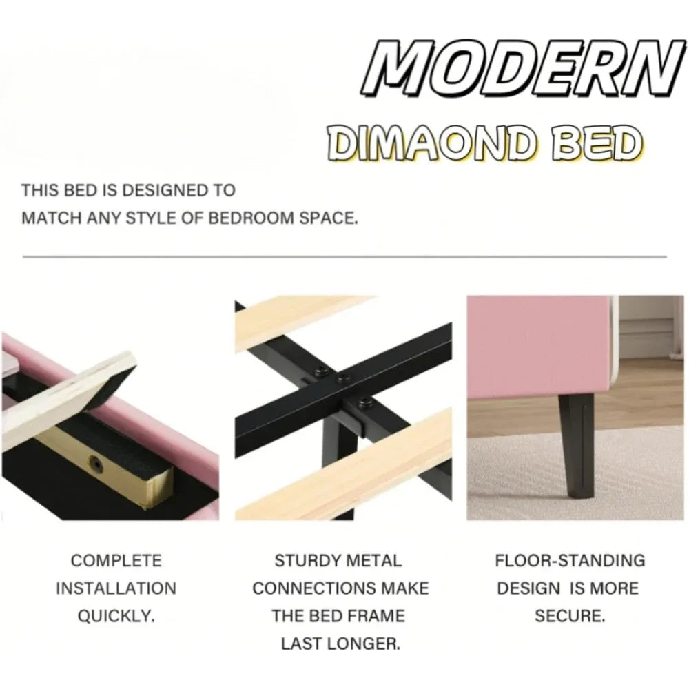 Frame with Tufted Button Headboard, Upholstered Platform Bed Frame with Diamond Design, Wood Slat Support