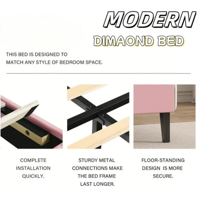 Frame with Tufted Button Headboard, Upholstered Platform Bed Frame with Diamond Design, Wood Slat Support