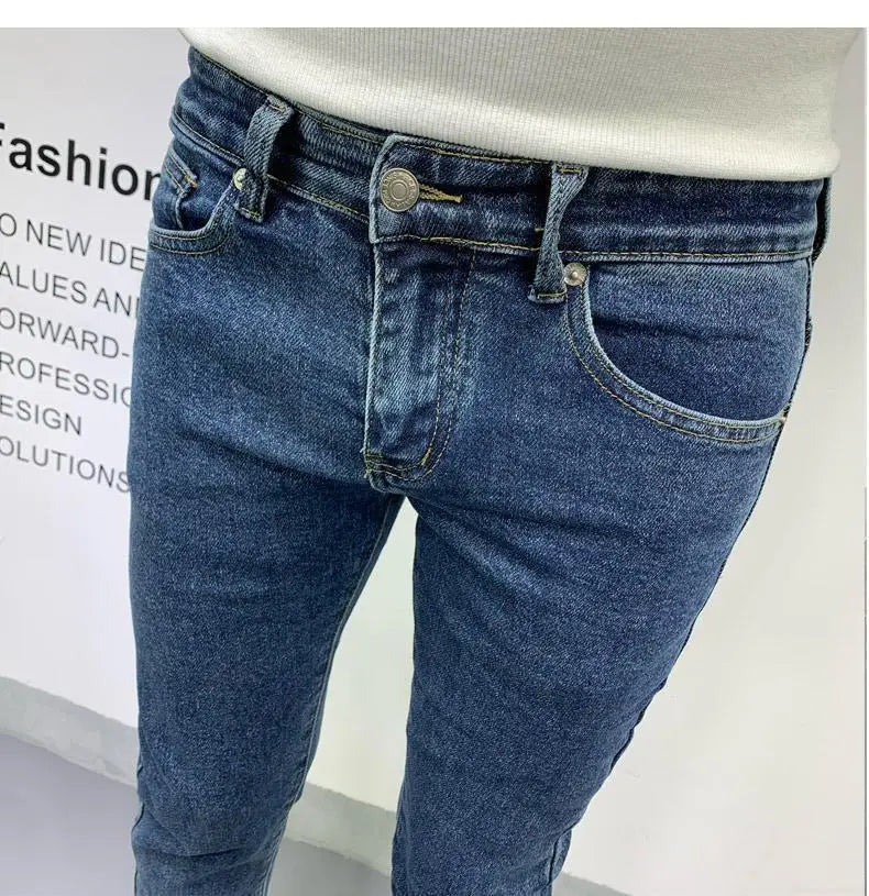 New Men's Slim Denim Jeans Casual Spring and Autumn Stretchy Skinny Pants Korean Style Trendy Cowboy Hip Hop Cropped Trousers