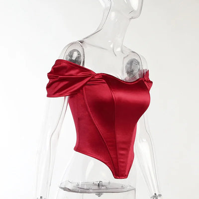 Cryptographic Off Shoulder Satin Sexy Backless Bustier Corset Crop Tops Women Sleeveless Summer Top Cropped Club Fashion Outfits