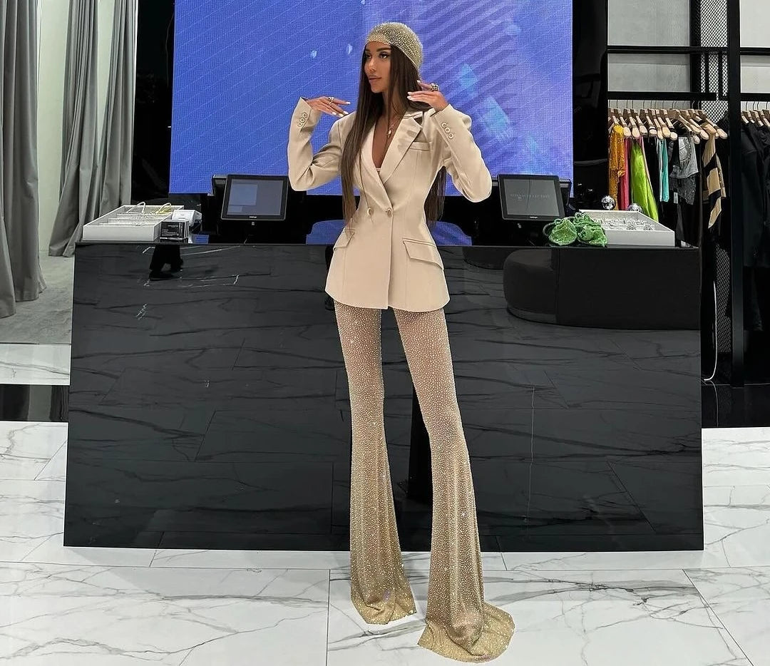New Stylish Woman Oversize Suit Coat And Shining Diamonds Mesh Pants 2 Pieces Set Fashion Woman High Street Wear Party Outfit