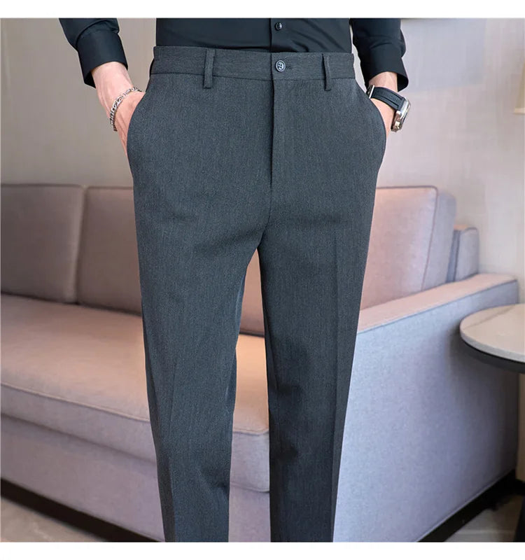 High End Elastic Waistband Suit Pants for Men Embroidered Business Casual Pants Solid Colror Versatile Social Office Trousers