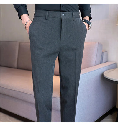 High End Elastic Waistband Suit Pants for Men Embroidered Business Casual Pants Solid Colror Versatile Social Office Trousers