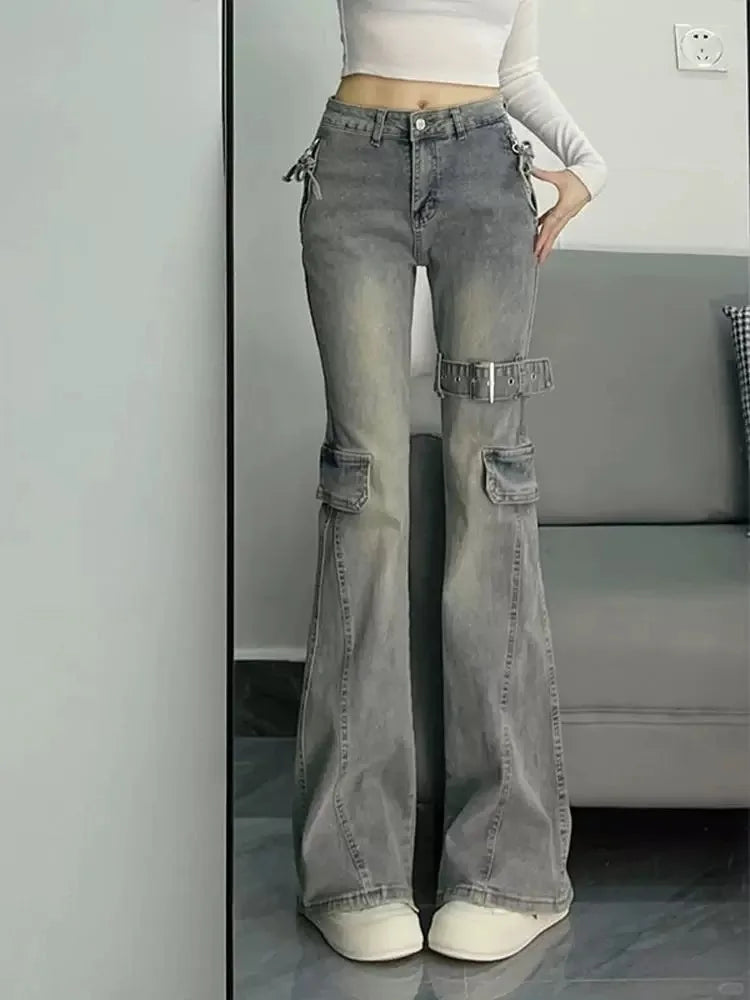 Y2K Patchwork Cargo Jeans Women High Waist Flared Denim Pants Buckle Strap Lace-Up Design Streetwear Retro Bell Bottom Trousers
