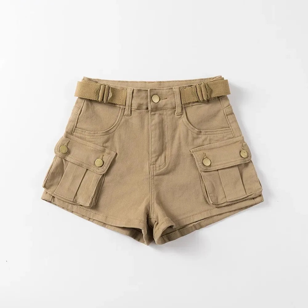 Women's Summer High Waisted Stretchy Denim Shorts Korean Cargo Style Slim Fit Ultra Short Hot Pants with Large Pockets for Dance