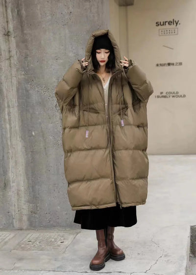 Winter Hooded Drawstring Loose Puffer Jacket Women Solid Oversize Casual Silhouette Long White Duck Down Warm Coat 2024 New Coat
