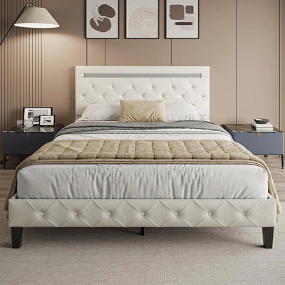 Bed Frame with LED Lights, Upholstered Platform Bed Frame, Adjustable Headboard with Charging Station, Wooden Slats Support