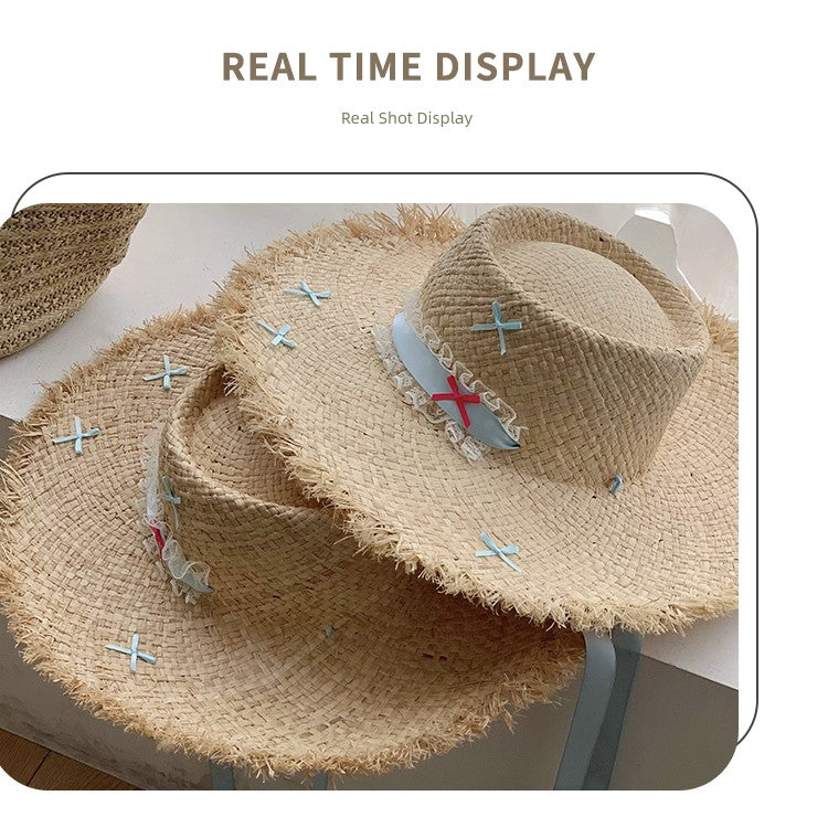 Straw Hat French Flat Top Female Summer Seaside Bows