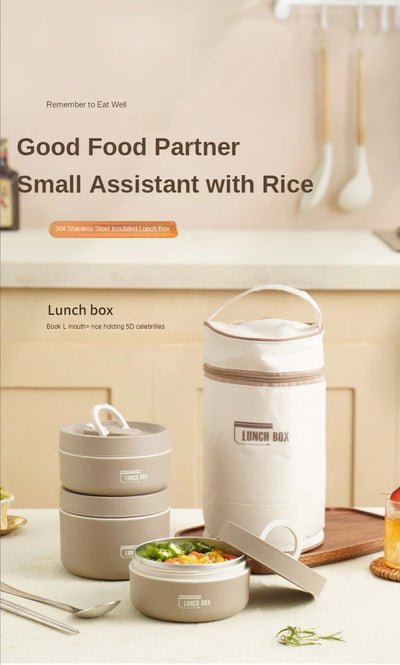 Portable Thermos 304 stainless steel insulated lunch box leakproof sealed bucket student lunch box multi-layer Round bento box
