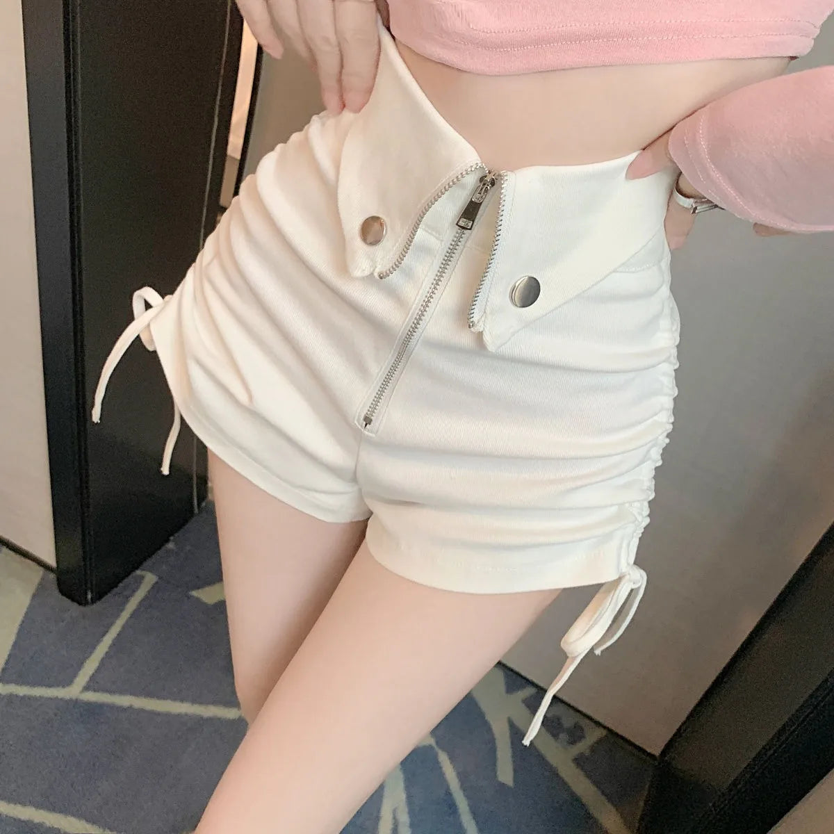 Women's High Waist White Shorts  Summer Spice Girls Drawstring A-line Short Hot Pants  Trendy Lace Up Zip Up Button Down Shorts