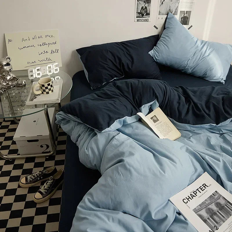 High Quality  Solid Color Double Washed Cotton Bedding 4 Pieces Set Student Dormitory Bed Linen Duvet Set Bed Suit