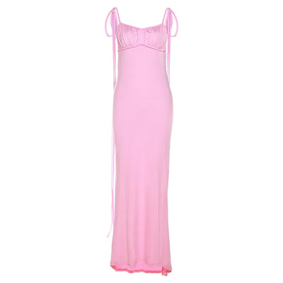 Summer sexy pleated solid color strap with perspective high slit backless sleeveless long skirt