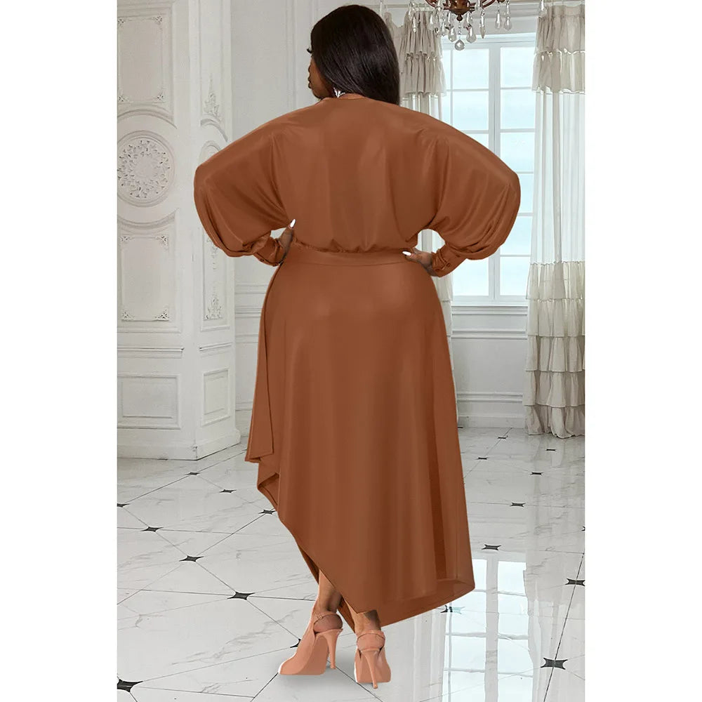 Plus Size Women's Everyday Dress Brown V Neck Long Sleeve Irregular Spring and Summer Satin Cinched Waist Maxi Dress